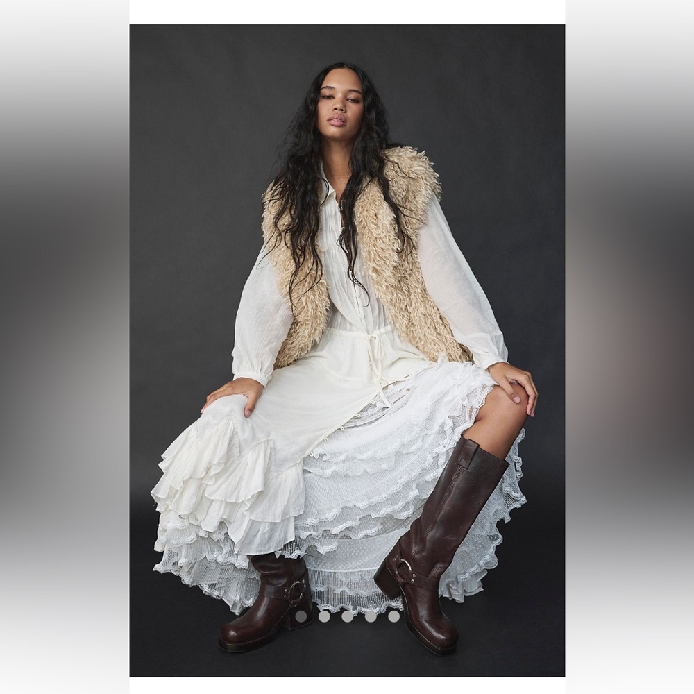 Free People Cream Layered Boho Maxi Dress with Tan Shearling Vest
